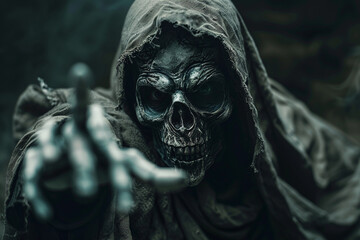 Obraz premium Scary grim reaper with sharp scythe in hell with dramatic background