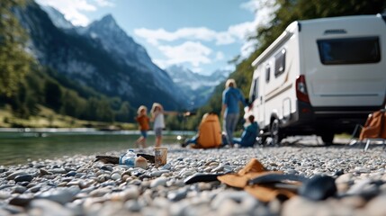A family enjoys camping by a serene mountain lake, with a focus on children playing and a caravan in the stunning landscape under a bright sky.