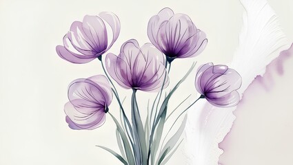 Elegant watercolor artwork of purple flowers with delicate petals and leaves on a white background. Soft gradients and artistic brushstrokes create a gentle, floral aesthetic