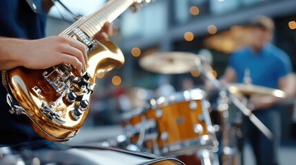 Fototapeta premium A close-up of a guitarist playing an electric guitar during an outdoor performance with a blurred drummer in the background, capturing the essence of live music enjoyment.