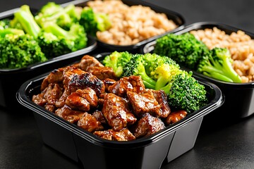 Fototapeta premium Healthful Meal Selection with Lean Beef Stir-Fry, Steamed Broccoli, and Brown Rice in Black Takeout Boxes