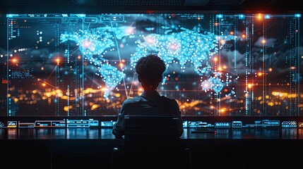 Obraz premium A tech specialist monitors data flowing to and from cloud servers on their screen. Diagrams of networks and connections fill the display, representing the seamless transfer of information across the g