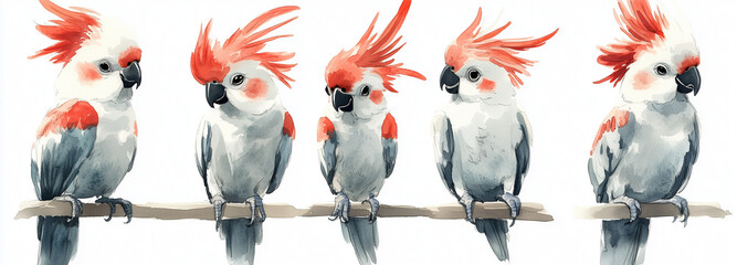 A group of playful cartoon cockatoos with bright orange and yellow crest feathers showcases different poses and expressions on a plain white background, conveying a sense of personality and charm.