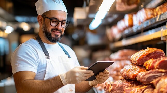 A friendly butcher in glasses and white apron checks inventory on a tablet. He stands near cuts of meat in a well-lit butcher shop filled with delicious products.