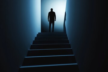 Silhouette of a Mysterious Figure Standing at the Top of a Dimly Lit Staircase in a Dark