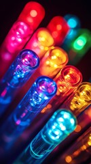 High-tech LED Christmas lights in vivid red, green, yellow, blue, close-up, glowing in the dark, neon-inspired, futuristic holiday lighting, sleek style