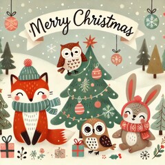Naklejka premium Christmas Holiday Vector Cartoon Set: Santa, Snowman, Xmas Tree, Cute Winter Illustrations for New Year Celebration Card Design