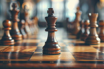 Chess piece standing on checkered board during strategic game of chess