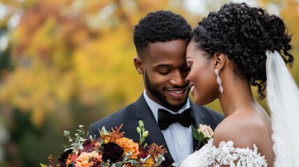 A beaming couple in wedding attire embrace as they share a tender moment, surrounded by vibrant autumn foliage, holding a bouquet of warm-colored flowers.