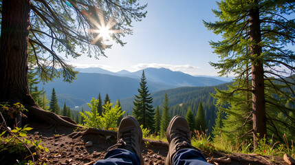 Hiker resting with boots on a scenic mountain trail at sunrise enjoys a tranquil moment of relaxation, connecting with nature during the early morning hike - Powered by Adobe