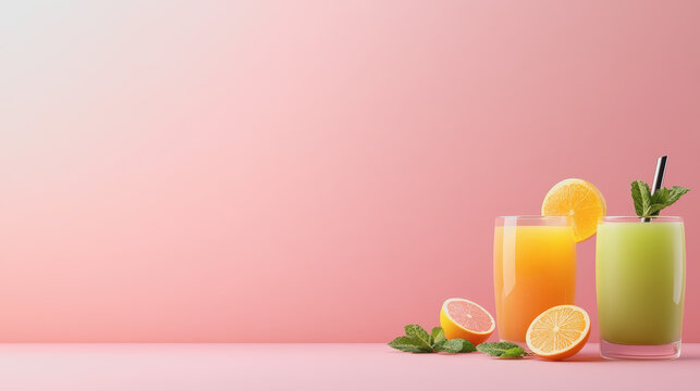 Vibrant and Refreshing Beverages with Citrus Fruits on a Smooth Gradient Background Perfect for Summer Themes and Beverage Marketing