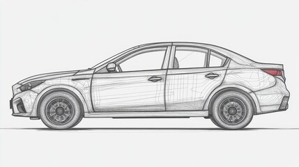 Fototapeta premium Modern car design technical illustration side profile intricate technical details clean engineering lines isolated on white automotive focus