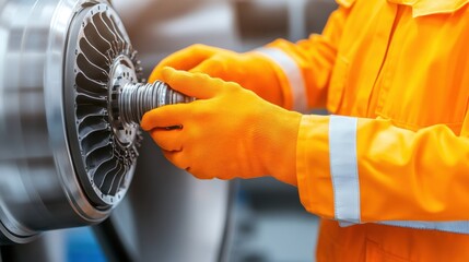 Repair workers skillfully tighten turbine bolt during maintenance operations to enhance engine performance and reliability in aviation industry