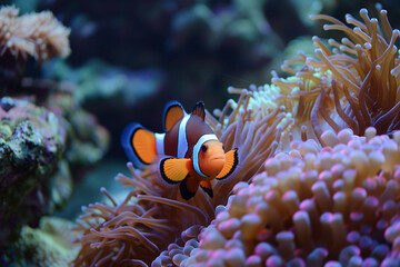 Fantastically beautiful bright clownfish swims in deep sea among corals