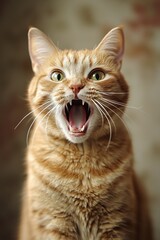 Fototapeta premium An orange tabby cat is indoors, mouth open, showing sharp fangs, looking fierce yet adorable.