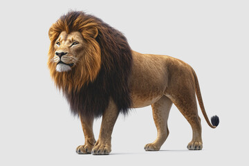 Fototapeta premium Impressive of a Majestic Lion Standing Isolated Against a White Background, Perfect for Nature and Wildlife Themes in Safari Contexts
