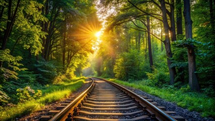 Fototapeta premium Serene Empty Railway Track in Forest at Sunset - Nature Photography