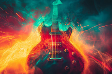 Naklejka premium An electric guitar emerges from a fiery swirl of abstract colors, epitomizing passion and musical intensity.