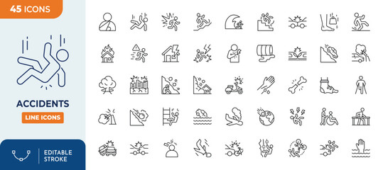 Accidents line editable icon set. Editable stroke. Vector illustration