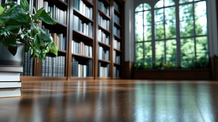 Obraz premium A cozy library corner with a wooden floor, lined with towering bookshelves full of diverse books, basking in natural light from a large window in the background.