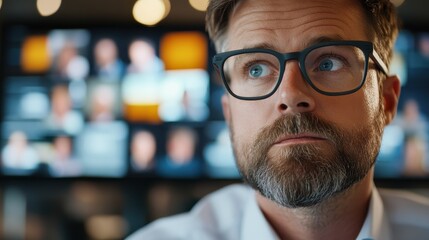 Fototapeta premium A thoughtful man in glasses gazing upward with a backdrop of digital screens in bokeh, symbolizing innovation, technology, and strategic thinking in business.