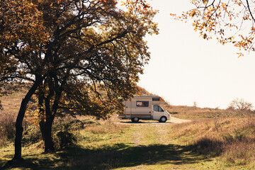 A serene camping spot with a camper van under autumn trees in the countryside during daylight hours
