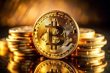 A Captivating Tilt-Shift Perspective of Shiny Gold Bitcoin Coins Stacked Neatly, Showcasing the Beauty and Value of Cryptocurrency in a Miniature World