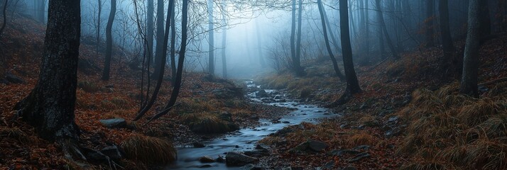 A mysterious forest with a gentle stream flowing amidst dense fog and tall trees, creating a serene and magical vibe.