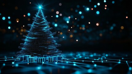 Christmas tree with digital ornaments that emit a pulsating glow, holographic presents underneath, glowing smart lighting, Modern, Sci-Fi, Blue Neon