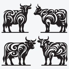 Fototapeta premium Cow Black Silhouette Bundle Clip Art Vector Illustration Isolated on White Background