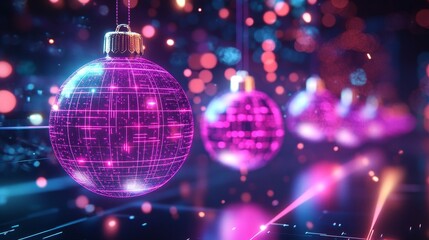 Obraz premium Christmas baubles glowing with neon purple and pink hues, suspended in futuristic holographic light beams, surrounded by tech-inspired patterns, Neon, 3D art