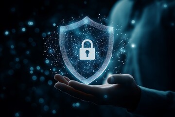 Business man holding sheild and padlock icon, cloud computing data and security on global networking, Technology of business.Cybersecurity and information or network protection