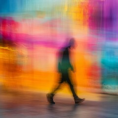 Abstract Silhouette of a Person Walking Against a Vibrant, Colorful Background in Motion Blur