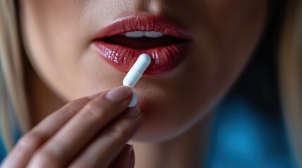 Naklejka premium The deep red lips are highlighted in this close-up image as the hand brings a white capsule close to ingesting amid a soft, focused background setting.