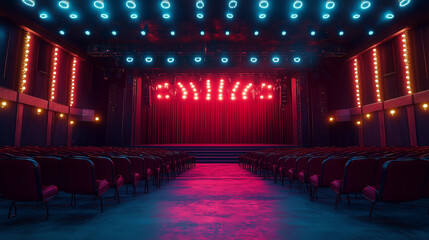 Colorful stage setup with vivid lights and circular platform designed for a live performance or event in an indoor venue.