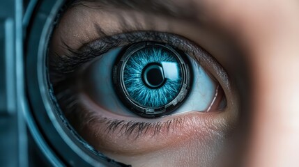 An extreme close-up of a futuristic, cybernetic eye with intricate blue patterns, This image can be used in technology, sci-fi, and digital innovation contexts,