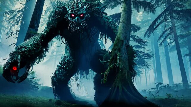 In a moonlit forest, a giant creature with glowing red eyes evokes both wonder and fear among the surrounding shadows