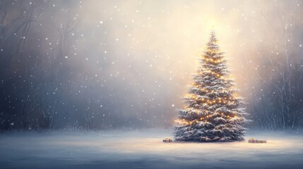 Christmas tree with colorful lights, snow falling outside, remnants of unwrapped presents, calming dusk, oil painting style, high detail