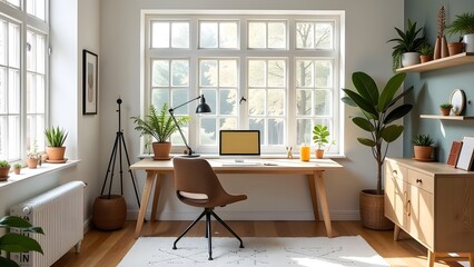 Fototapeta premium A modern home office embracing natural light and lush greenery for a vibrant workspace