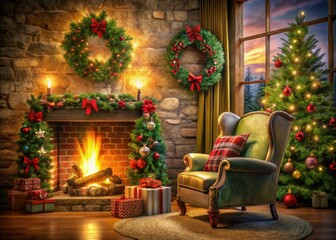 Obraz premium Set the perfect holiday scene with a cozy armchair, a cheerful tree, a roaring fireplace, a gift-filled stocking, and a lovely wreath to brighten your home.