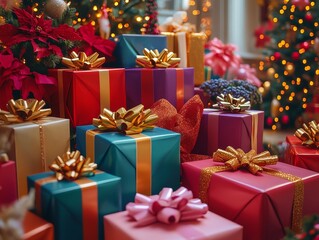 Vibrant Boxing Day gift arrangement, gold bows atop colorful boxes, twinkling fairy lights reflecting off glossy wrapping, festive energy fills the scene