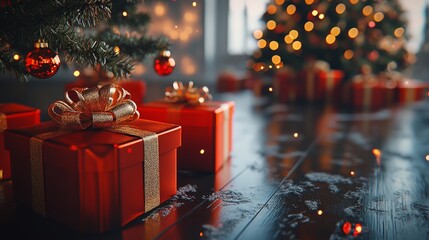 Boxing Day scene with red and gold gift boxes tied with delicate ribbons, twinkling lights from a large Christmas tree reflecting softly. 3D Render, Hyper-realistic, Warm Lighting