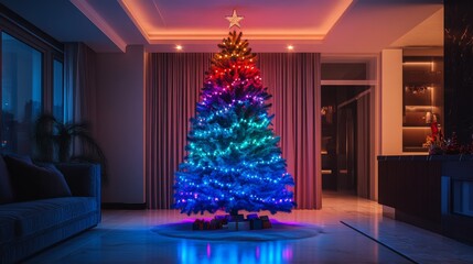 Modern Christmas tree with colorful, shifting RGB lights, synced to festive sound effects. A dynamic, glowing holiday centerpiece in a smart home