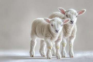 Fototapeta premium Two adorable lambs standing together against a soft, neutral background.