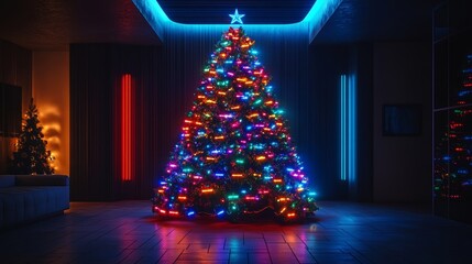 A contemporary Christmas tree with glowing smart ornaments changing colors in sync with ambient lights, tech-laden room, Sci-Fi, Illustration, Neon Colors