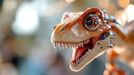 A dynamic portrayal of an open-mouthed robotic dinosaur with a vibrant orange hue, showcasing intricate mechanics and lifelike features amid an industrial backdrop.
