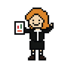 Obraz premium Cartoon cute pixel cartoon 8bit character business woman office smart work game for decoration business 8 bit female lady teacher businesswoman career smart character game png vector.