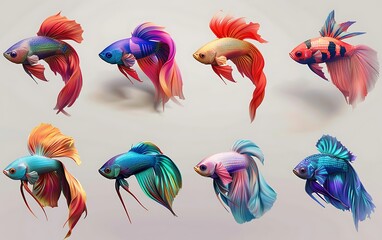 Siamese fighting fish set on black background. Vector illustration.