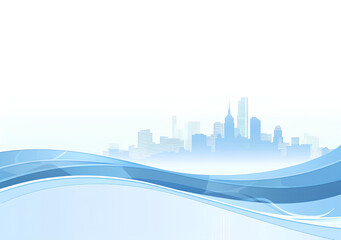Blue background with white buildings, blue waves, and city skyline presentation design template. Blue wave abstract technology business banner concept with a modern geometric pattern