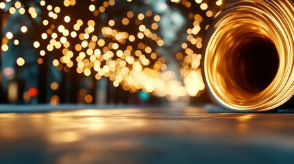 Obraz premium A stunning arrangement of bokeh lights in a glowing, circular tunnel-like pattern, conveying feelings of magic and adventure on a dreamy evening walk.